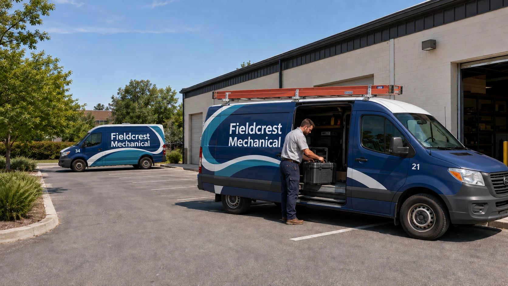A technician loads a tool case into Fieldcrest Mechanical's wrapped service van, unit 21, in a sunny contractor yard. Unit 34 is parked in a separate bay.